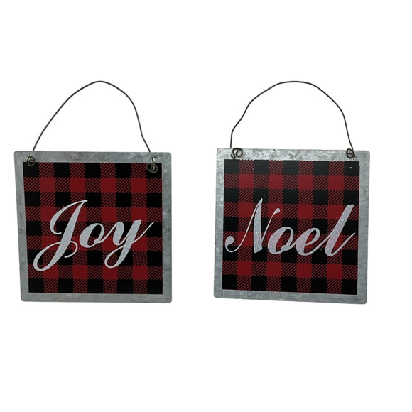 Farmhouse Christmas 6 Ornaments Red Black Buffalo Plaid Reindeer Tree Metal Sign - Picture 2 of 4